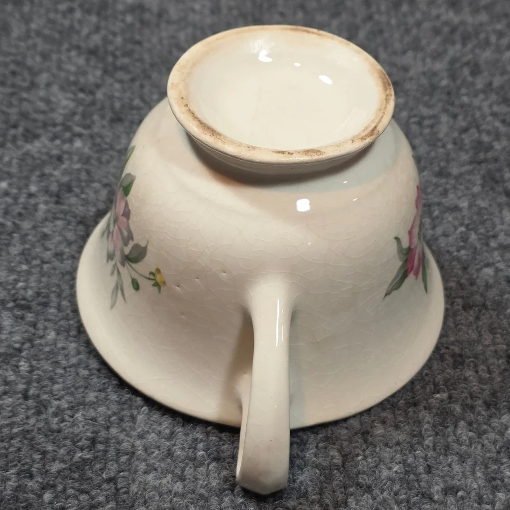 Vintage Floral Ceramic Sugar Bowl Lid Cream Pink Crazed Glaze Pedestal Grandma